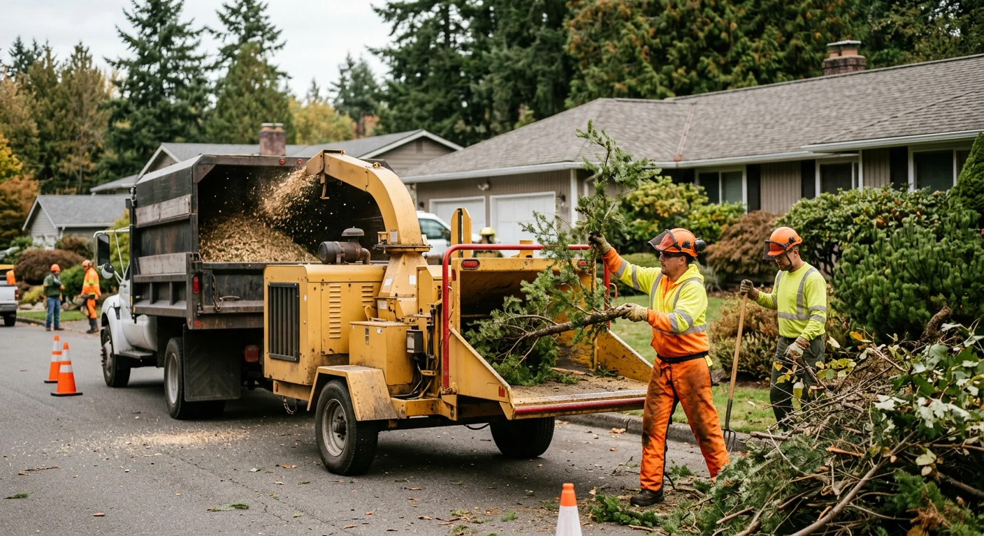 Commercial wood chipper processing cut brush during a neighborhood clearing job