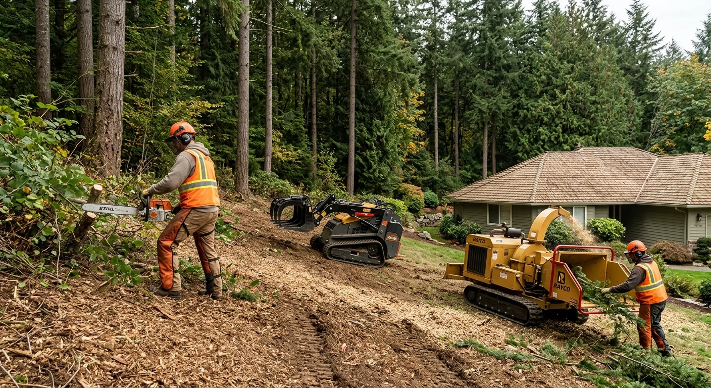 Wide shot of a sloped property cleared of dense brush near the treeline