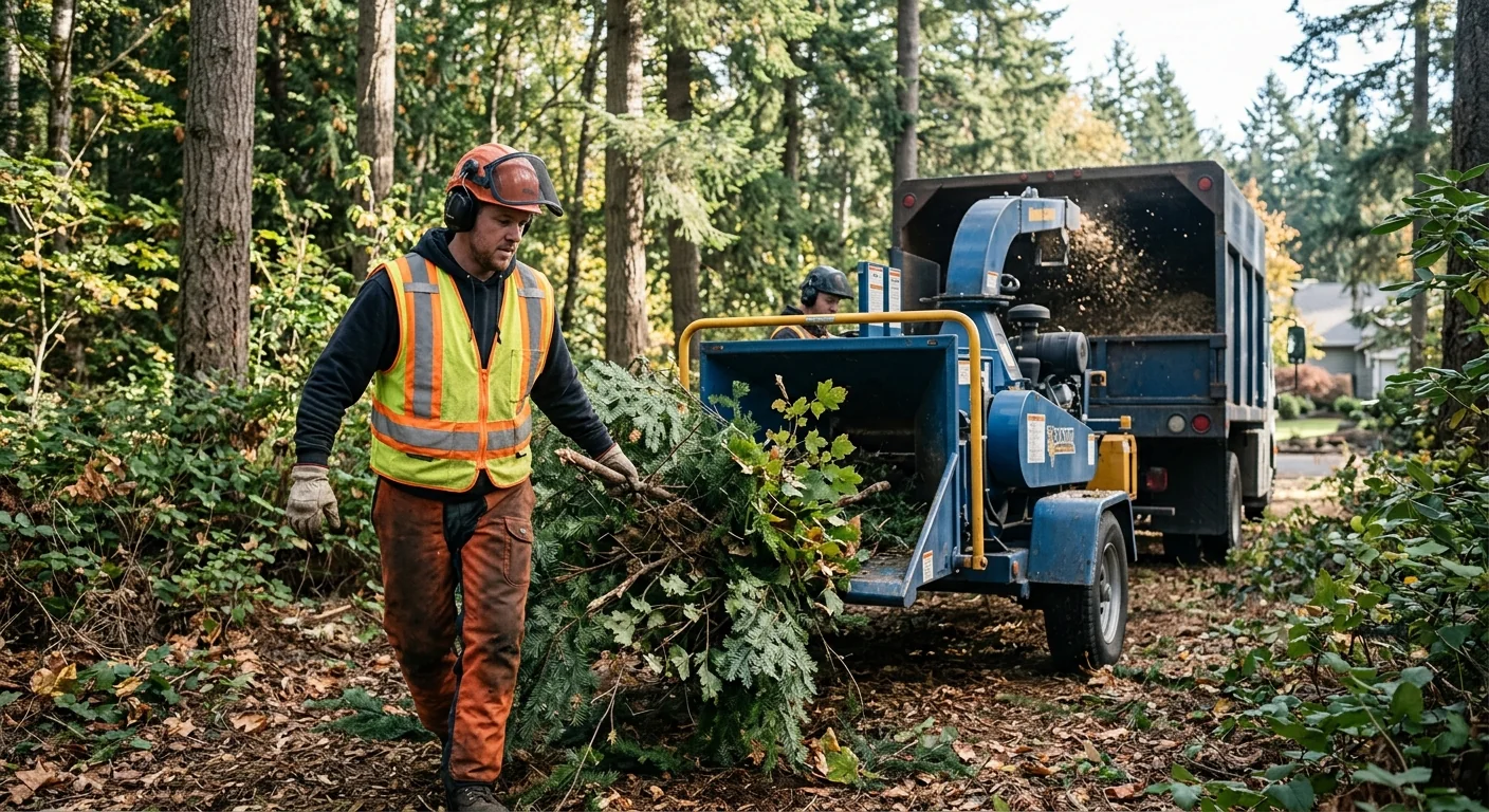 Crew member hauling gathered brush toward a chipper on a wooded lot