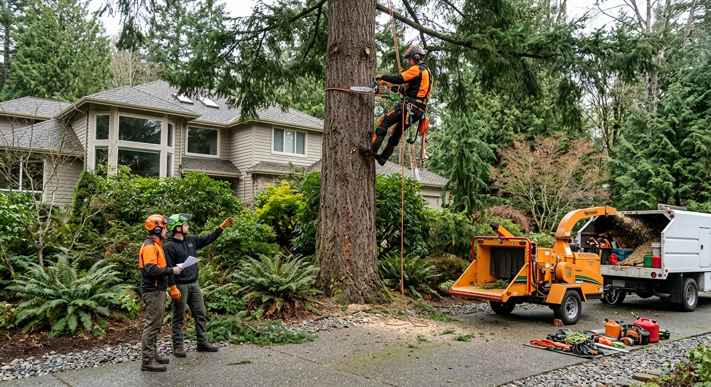 Technician reviewing a cleared brush area with a Sammamish homeowner after service