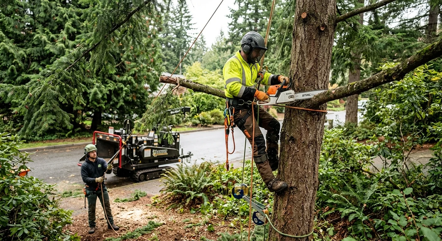Crane lifting a large removed tree over a Sammamish home