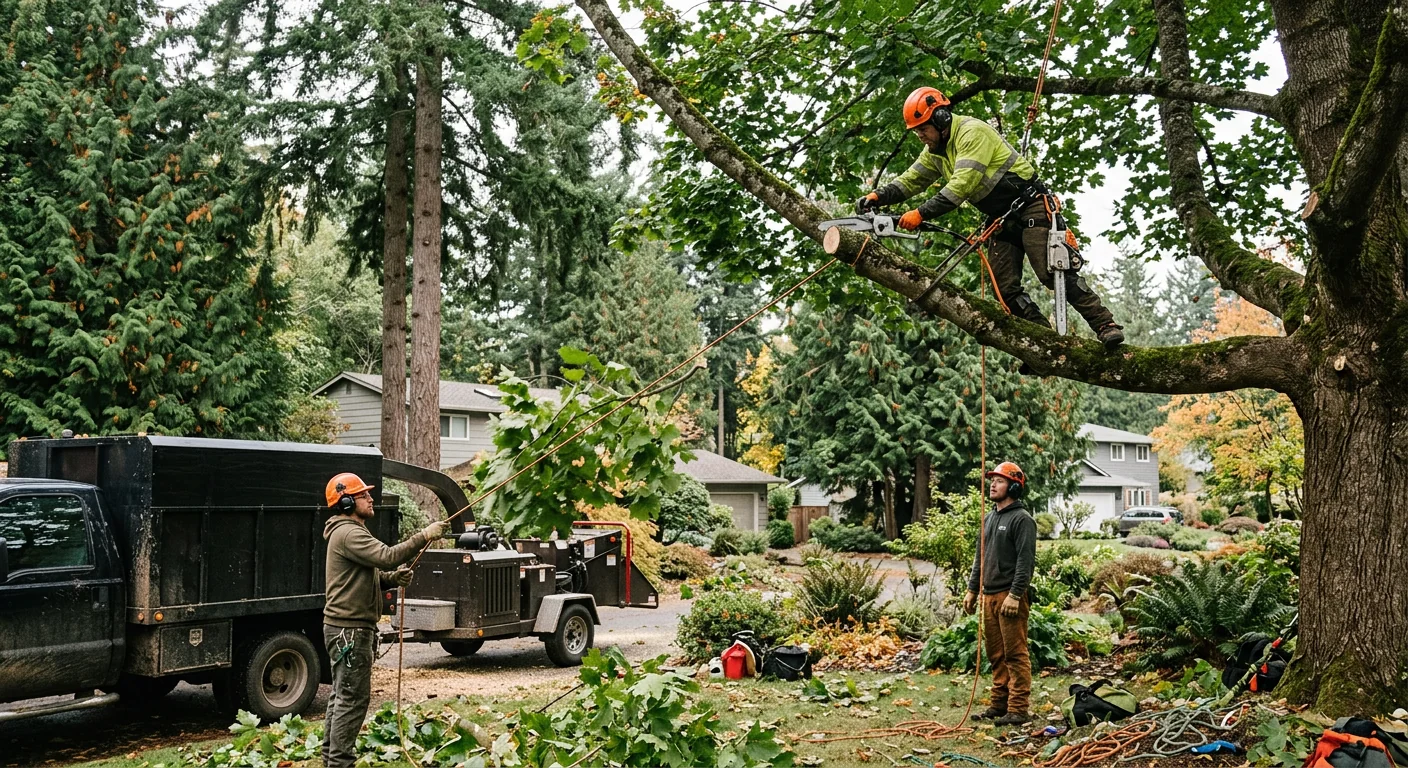 Mobile crane lifting a large tree section above a Sammamish home