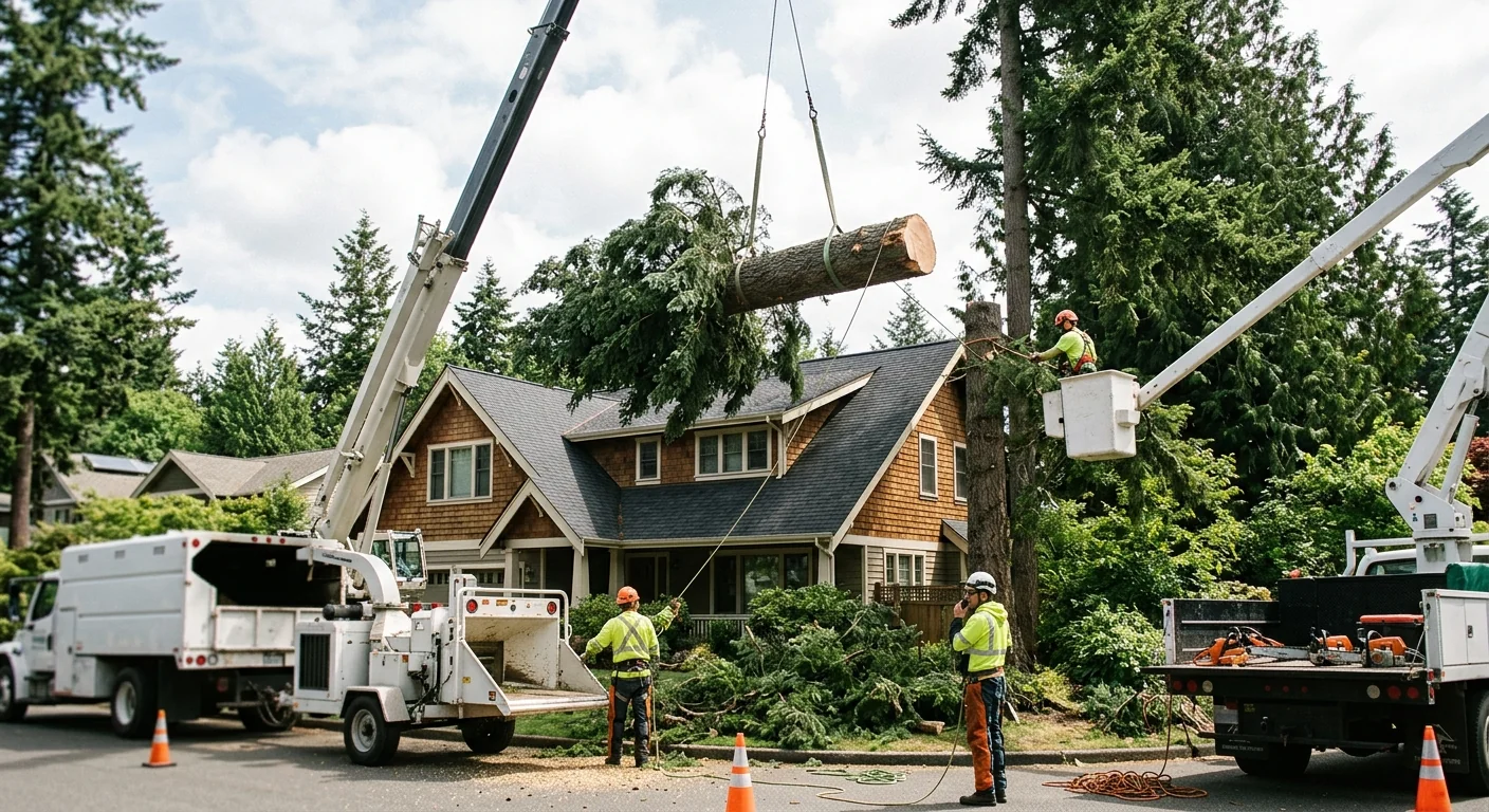 Crane lifting a tall fir section over a two-story Sammamish home