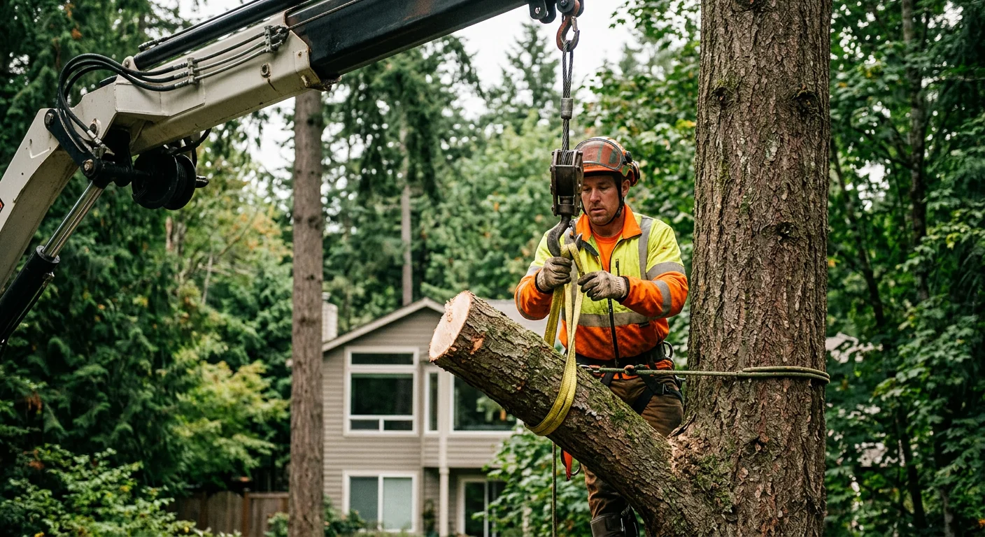Rigger securing a heavy limb to crane cables in a wooded backyard