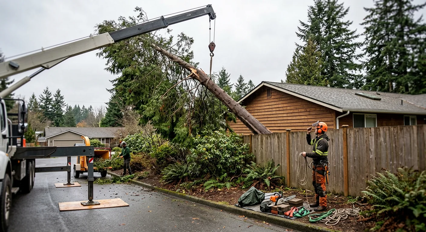 Leaning storm-damaged tree beside a fence awaiting crane removal