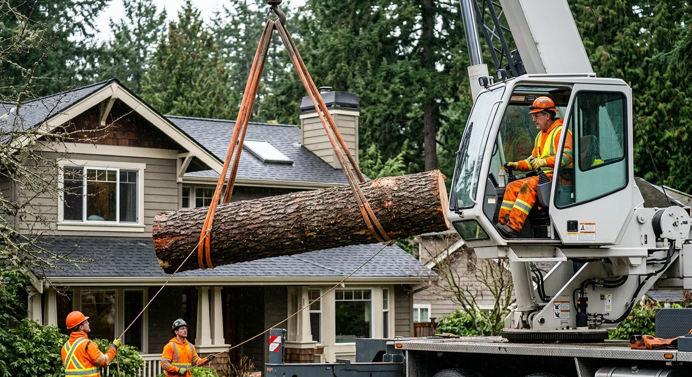 Crane operator guiding a large trunk section clear of a rooftop