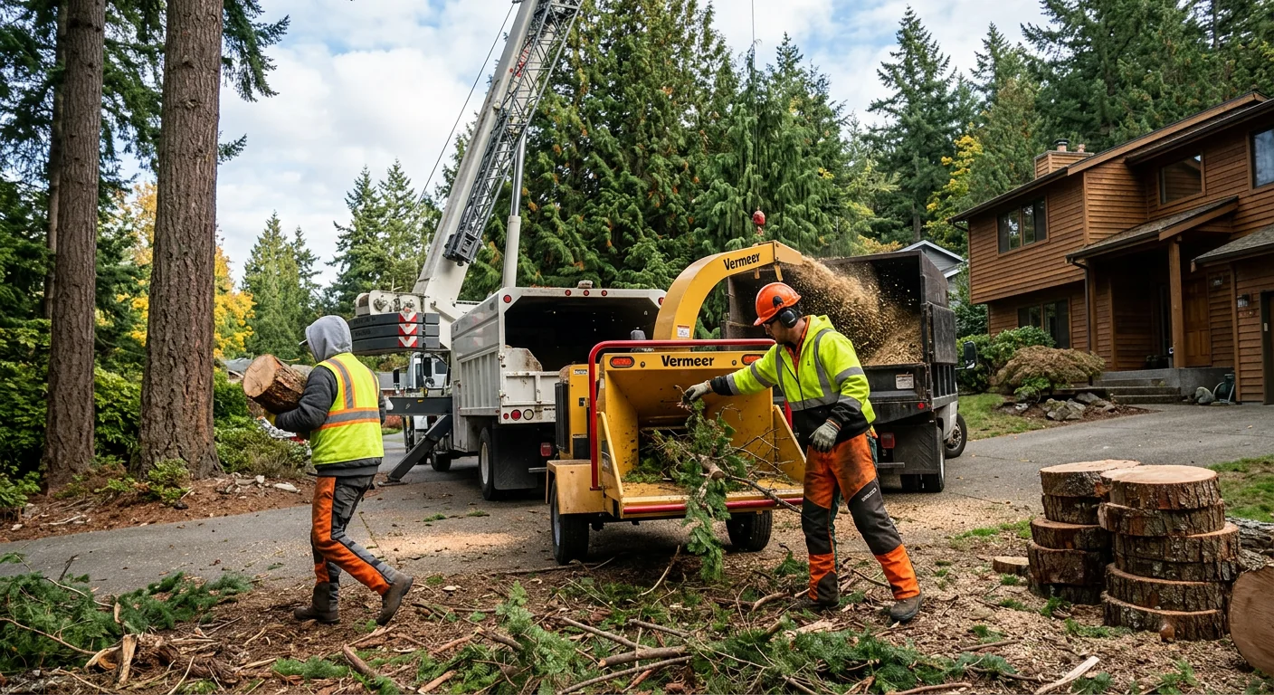 Ground crew chipping brush and hauling wood after a crane removal job