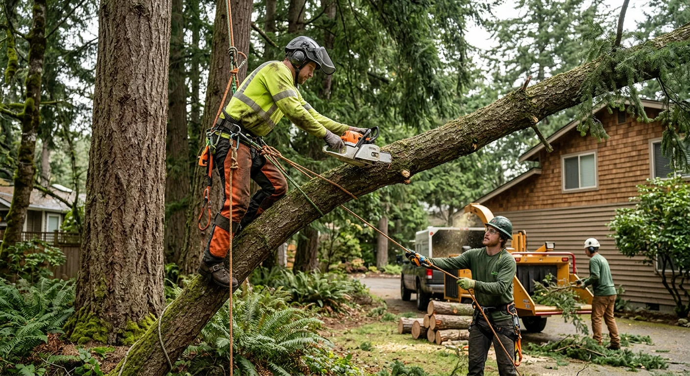 Certified crew guiding a crane pick during tree removal on a wooded Sammamish property