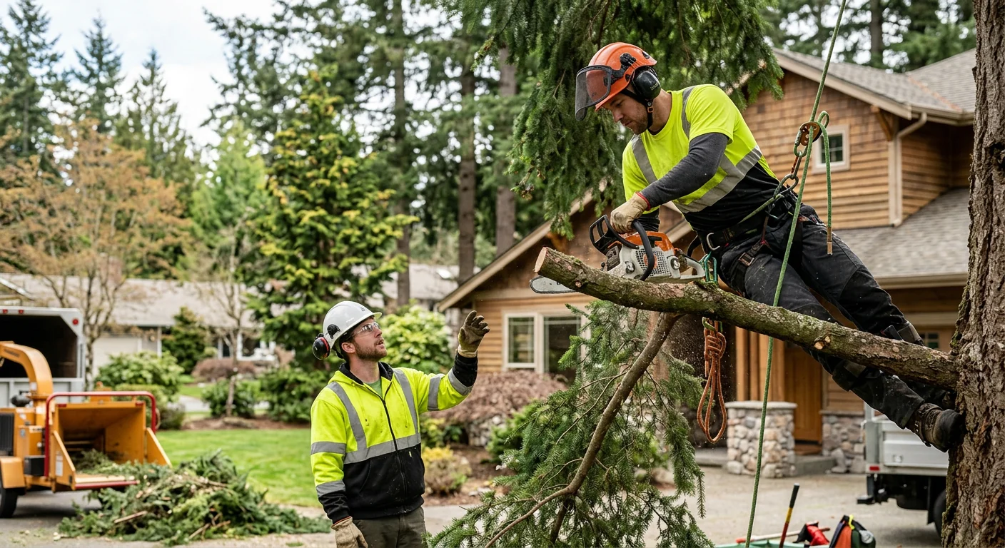 Tree crew clearing a storm-damaged limb near a Sammamish home