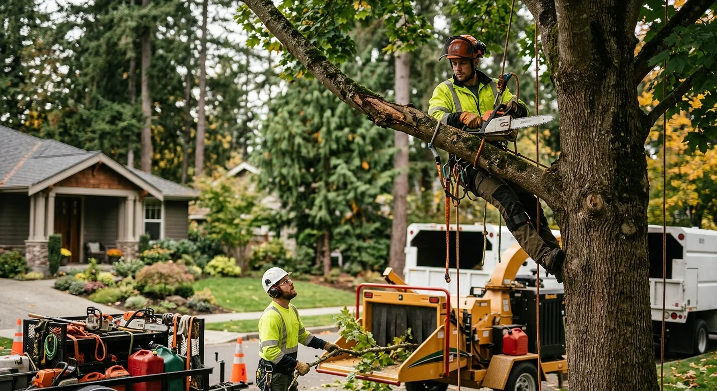 Crew clearing a storm-fallen tree from a residential Sammamish property