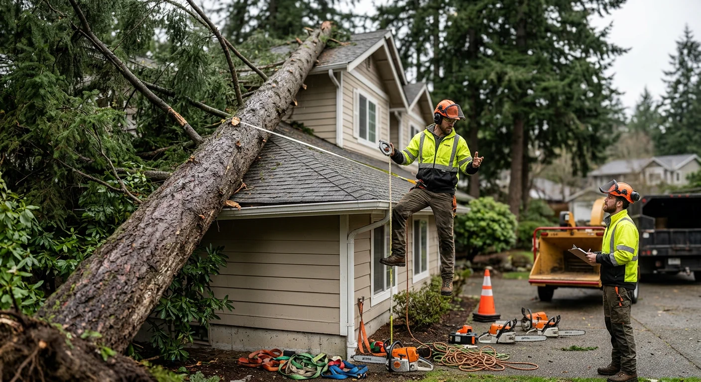 Storm-toppled conifer leaning against a Sammamish home roof before removal