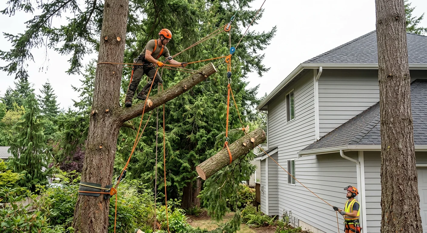 Arborist using rigging lines to lower a large limb safely near a house