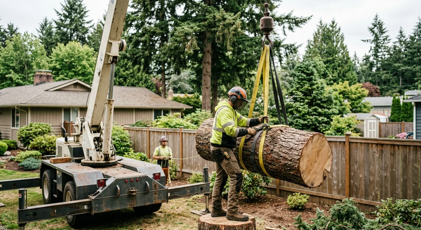 Crane-assisted removal of a heavy tree trunk from a fenced backyard