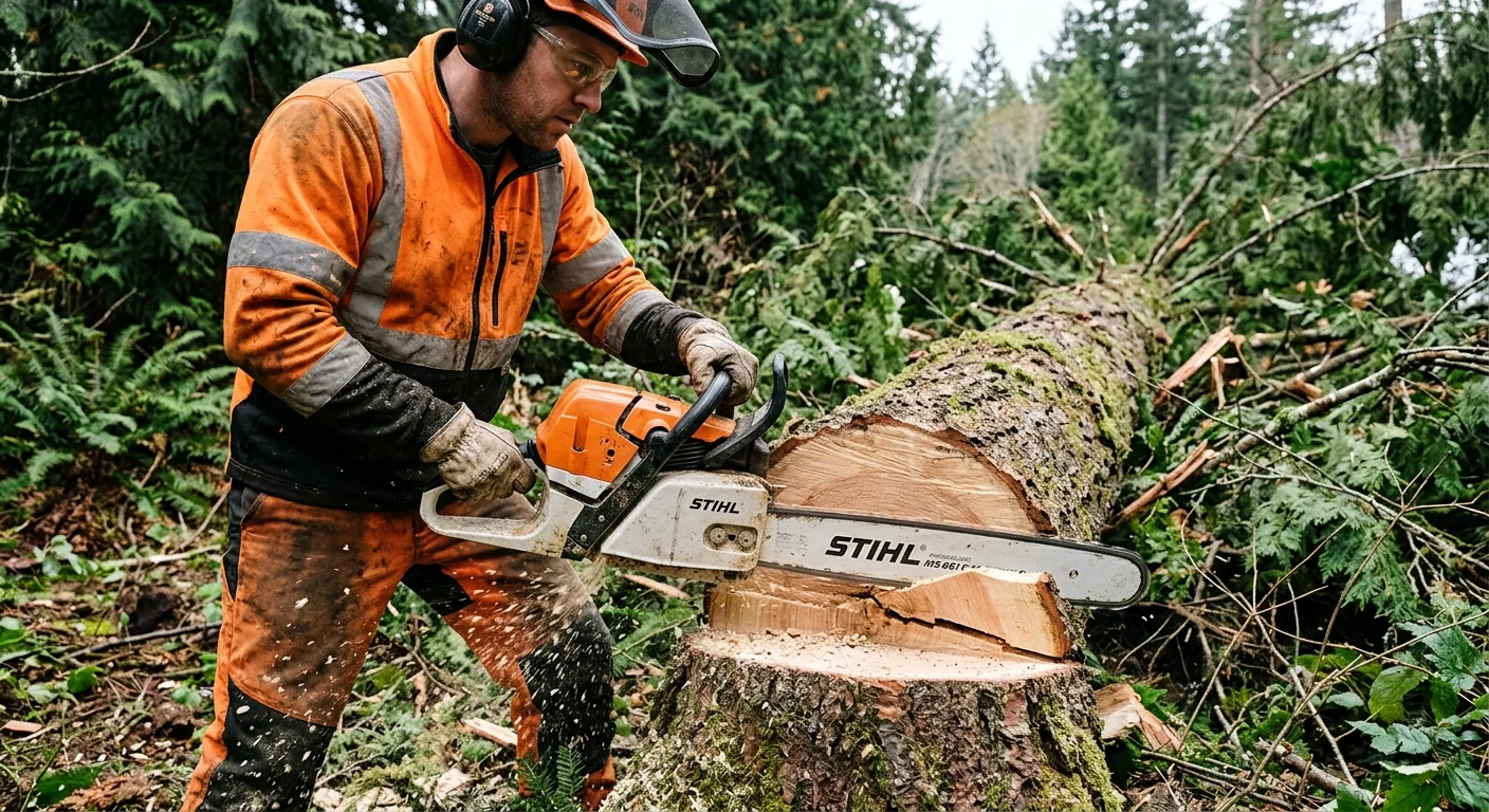 Close-up of controlled chainsaw cut relieving tension on a fallen trunk