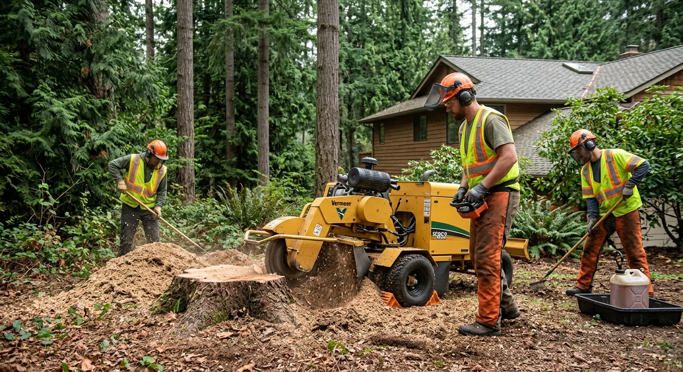 Stump grinding after emergency removal in a wooded neighborhood lot