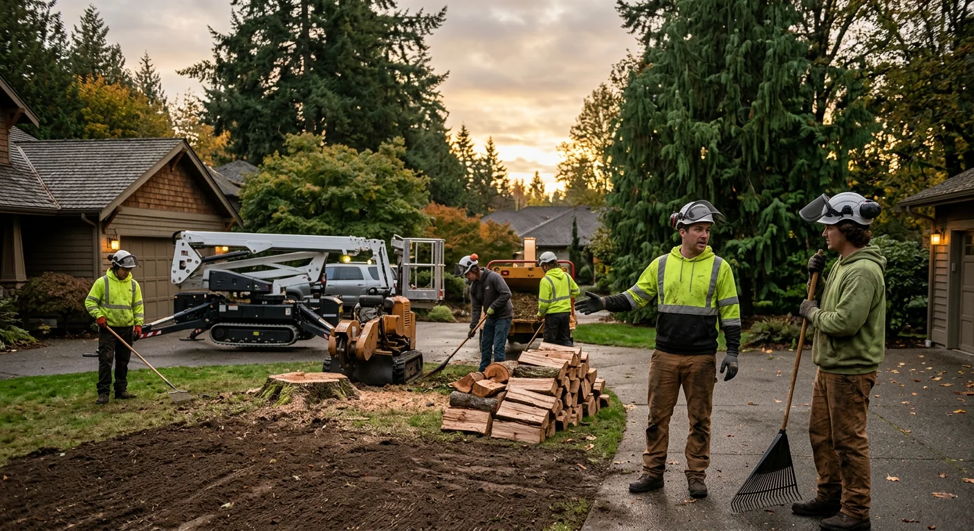 Cleared and cleaned yard showing finished emergency tree work at dusk