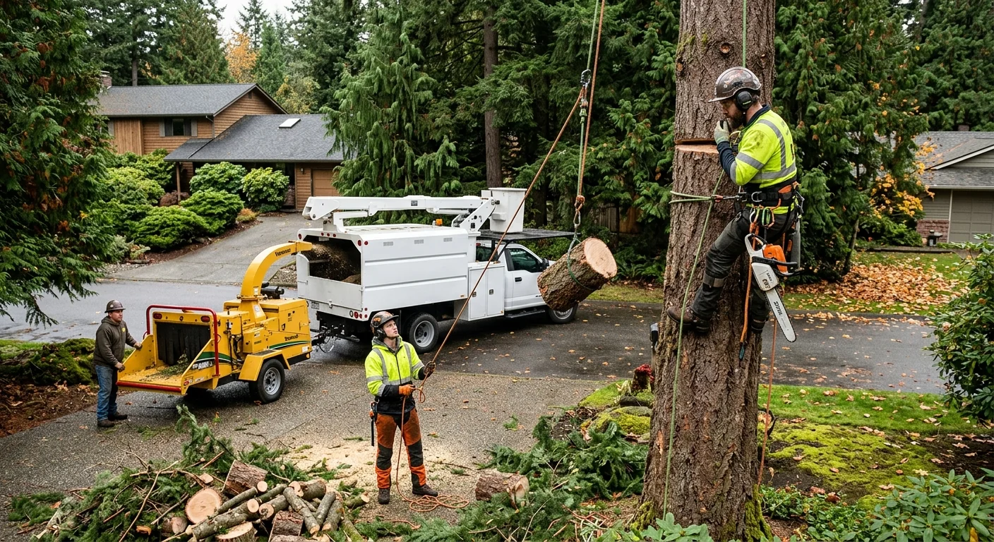 Technician using rigging to safely lower a storm-damaged tree limb in Sammamish