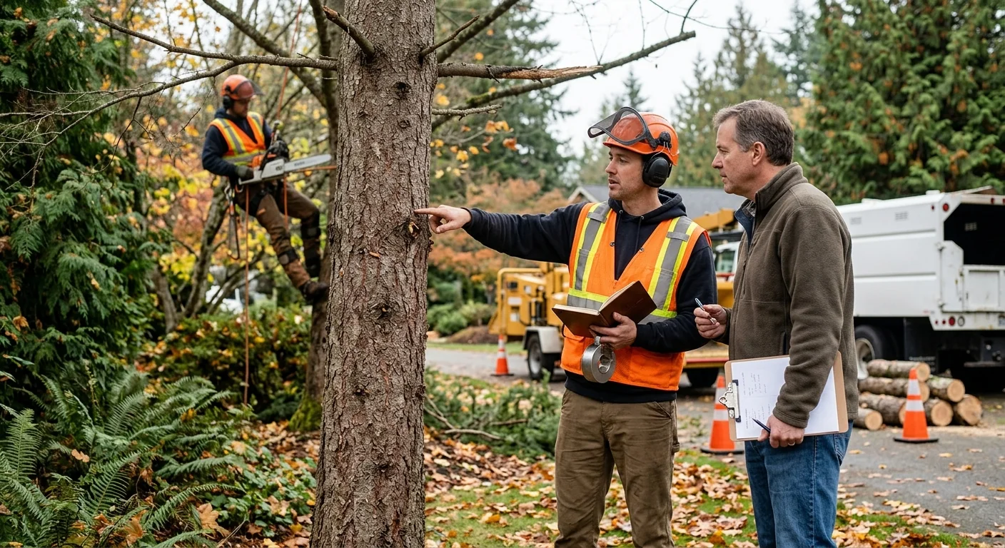 Arborist assessing a leaning hazardous tree near a Sammamish home before removal