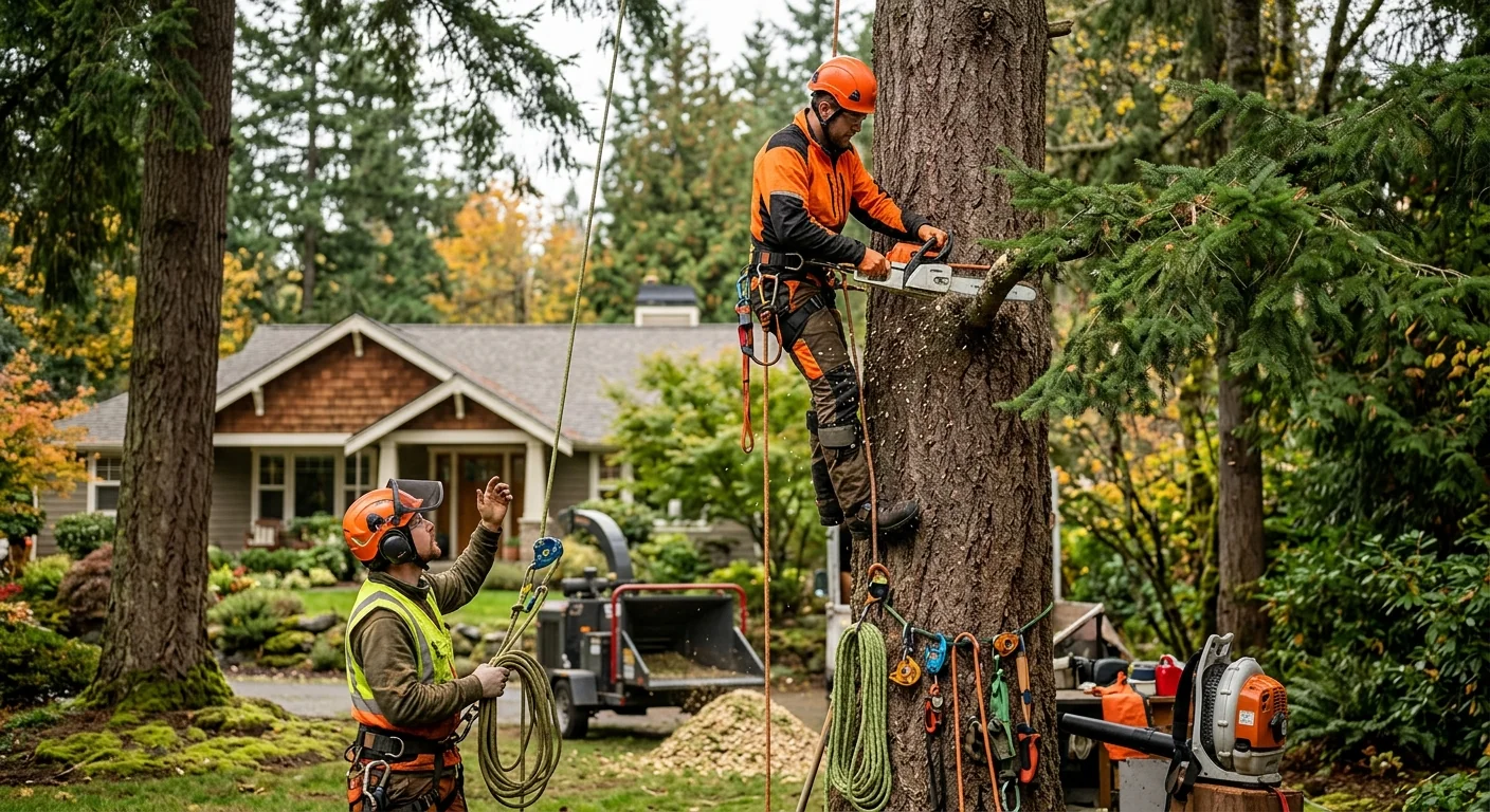 Tree crew evaluating a hazardous leaning tree beside a Sammamish home