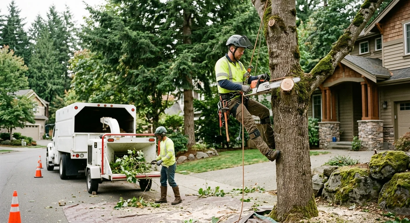 Crew safely dismantling a hazardous leaning tree near a Sammamish home