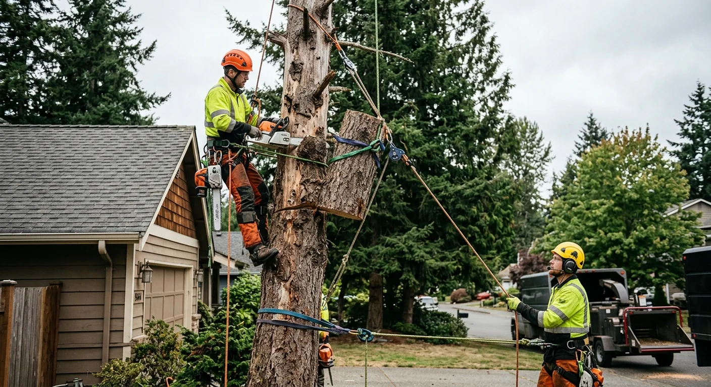 Crew rigging down sections of a decayed conifer near a Sammamish rooftop