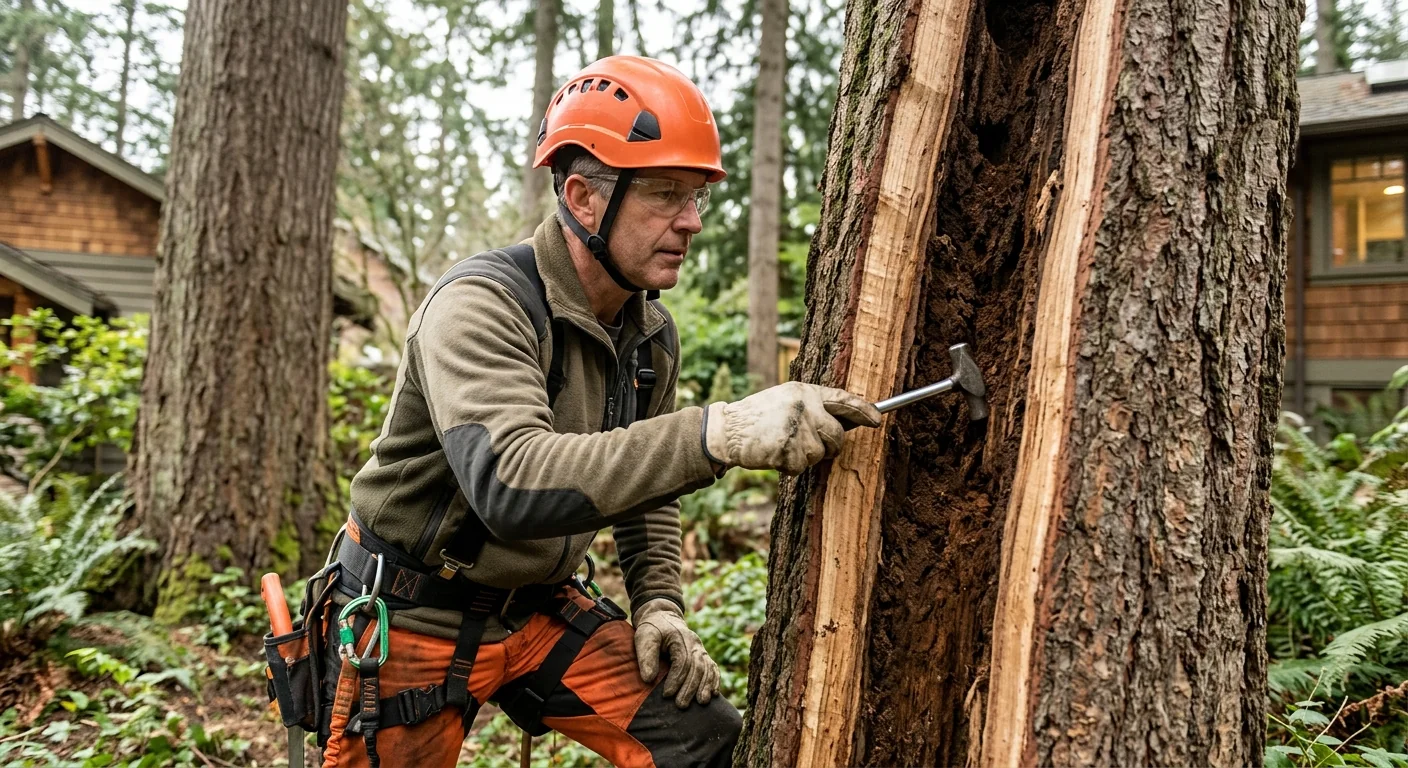 Close-up of a split trunk with visible internal decay before removal