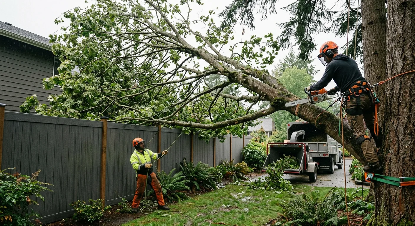 Wide shot of a storm-leaned tree threatening a fenced backyard in Sammamish
