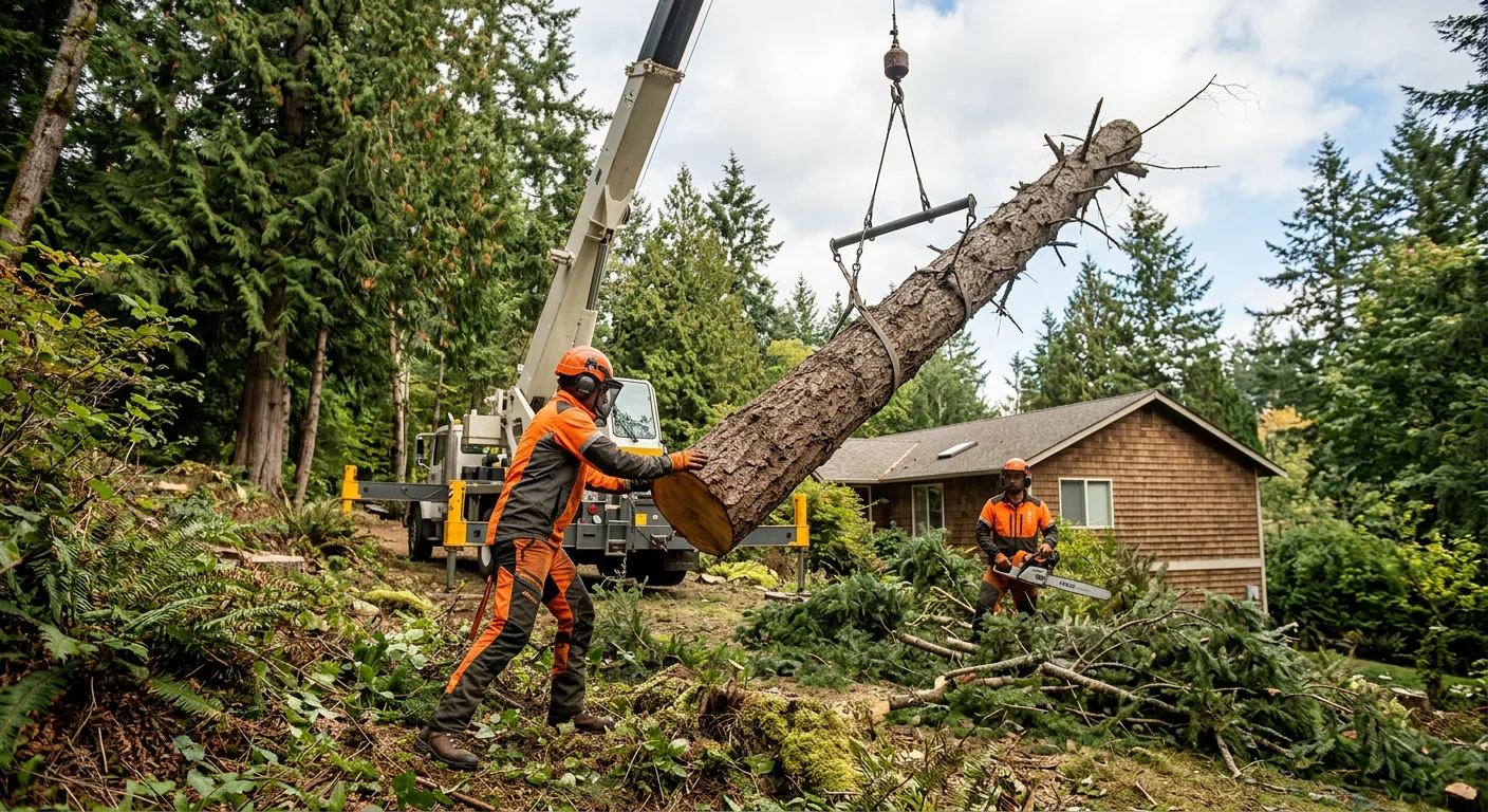 Crane supporting a large hazardous tree removal on a wooded Sammamish lot