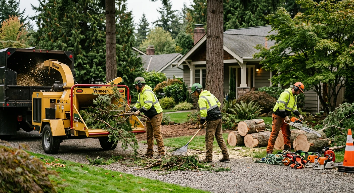 Ground crew chipping brush and clearing debris after a hazardous removal