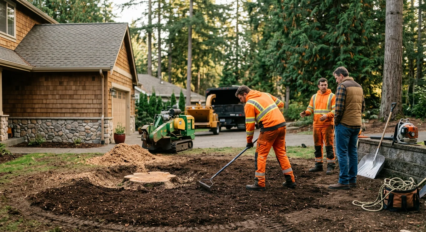 Finished cleared work area with stump ground flush beside a Sammamish home
