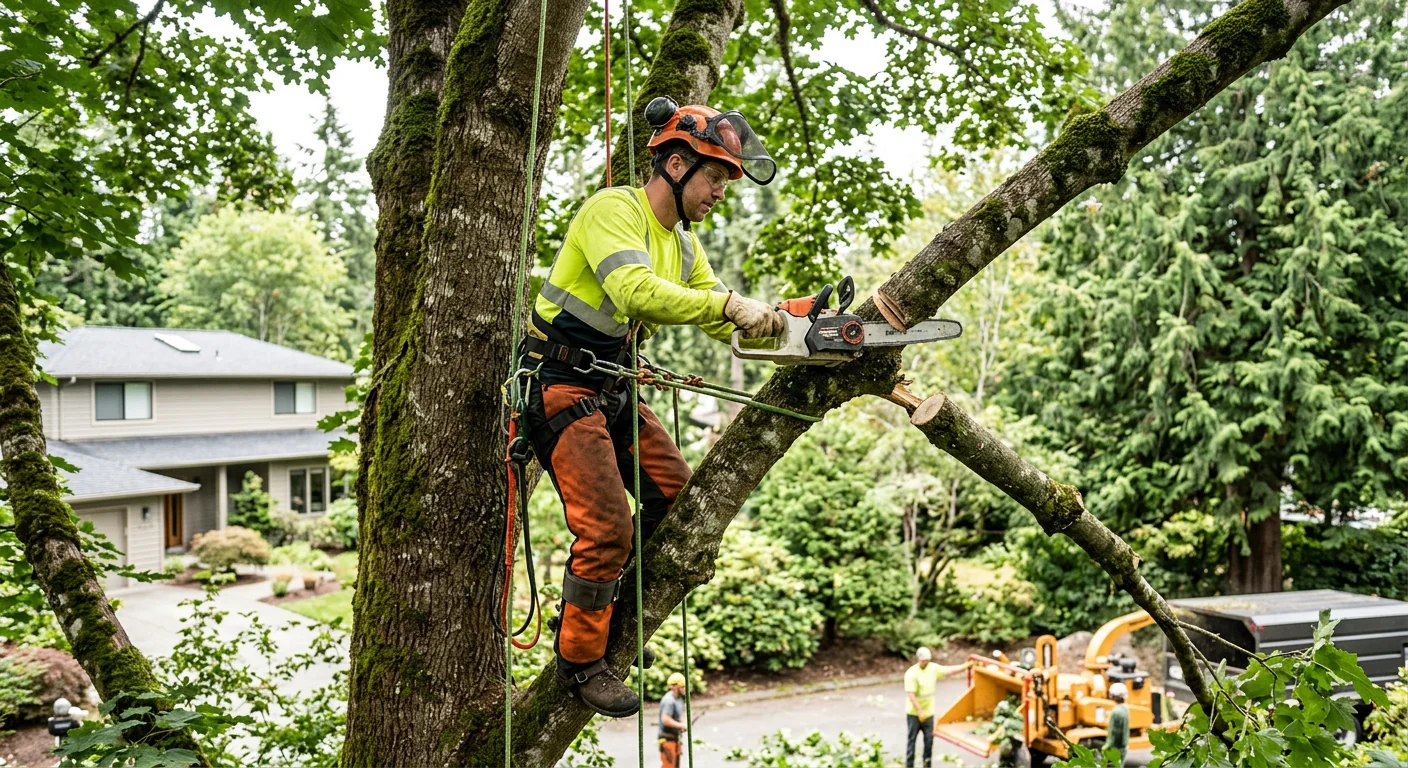 Trained technician reviewing a hazardous tree removal plan on a Sammamish property