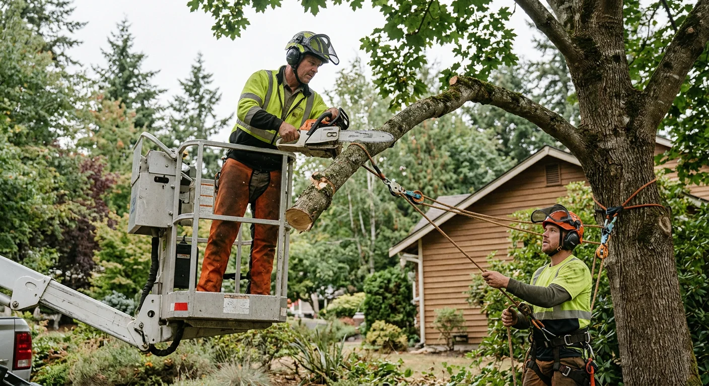Crew clearing brush and trees on a wooded Sammamish lot before construction