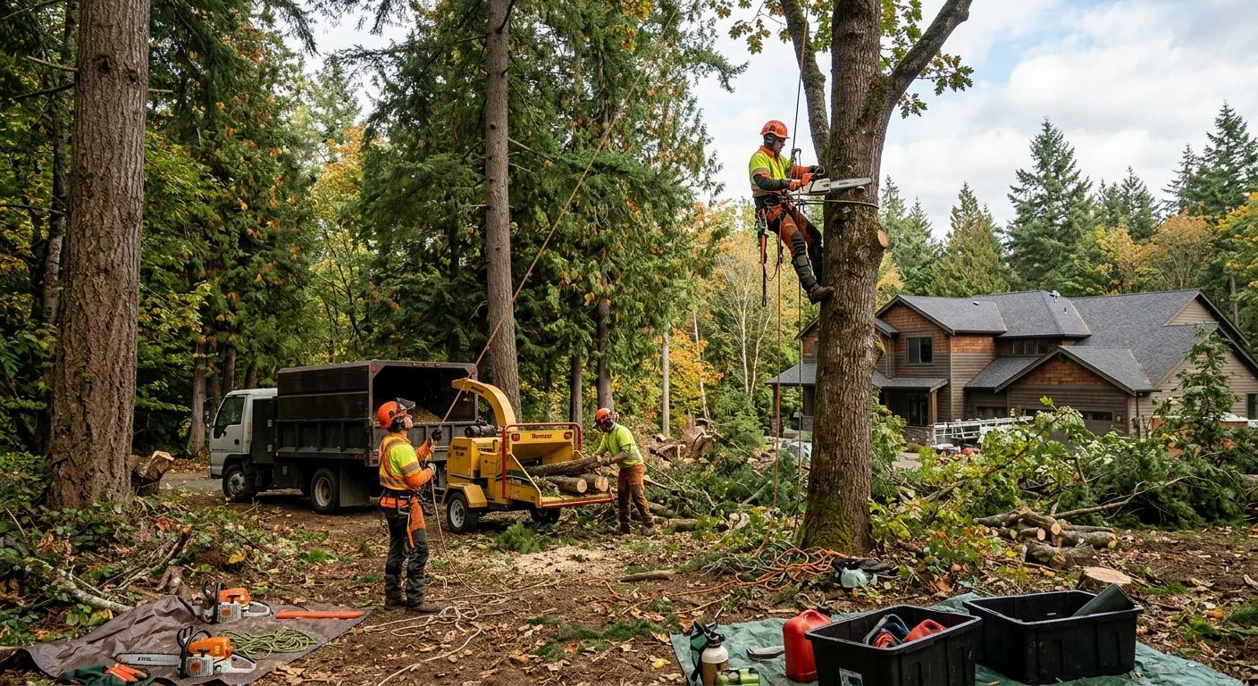 Wide view of a partially cleared wooded residential lot in Sammamish