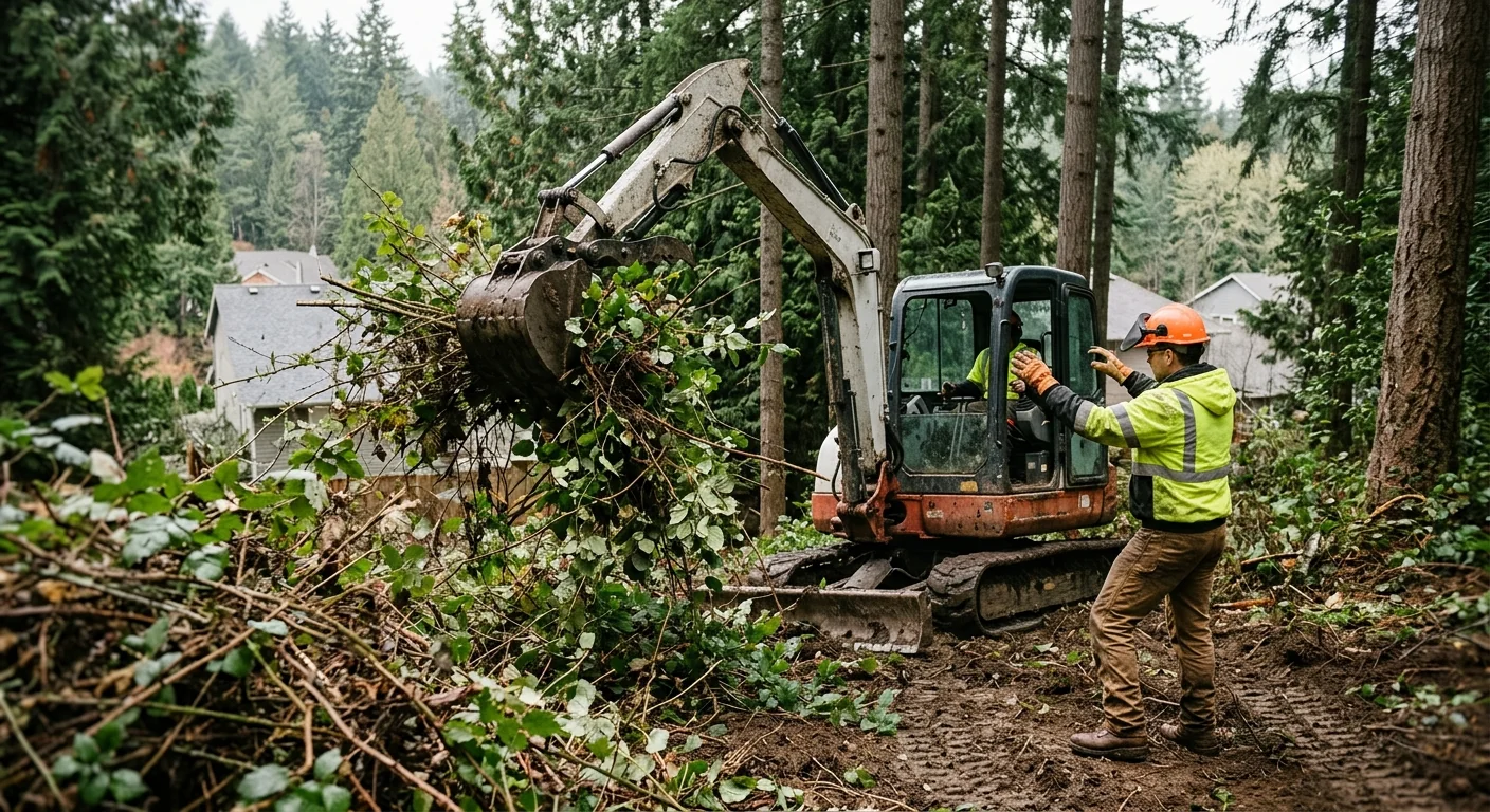 Excavator removing dense underbrush on a sloped property site