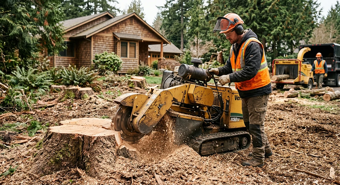 Stump grinder processing tree stumps after lot clearing work