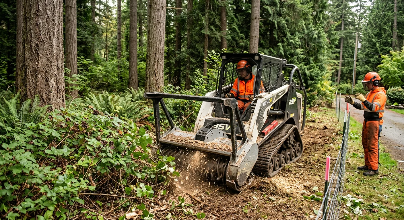 Mulcher clearing brush along a forested property boundary line