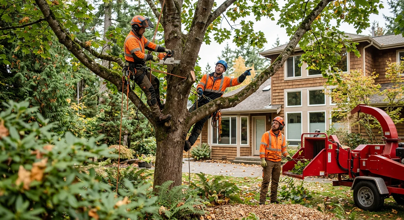 Crew reviewing a cleared Sammamish lot after selective tree removal and grinding