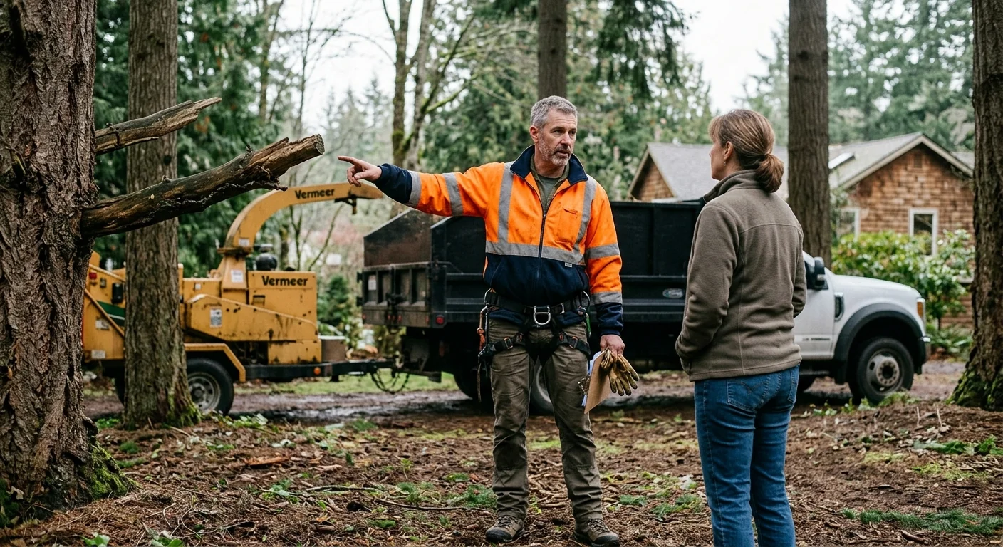 Arborist reviewing storm-damaged trees during a cleanup estimate at a Sammamish home