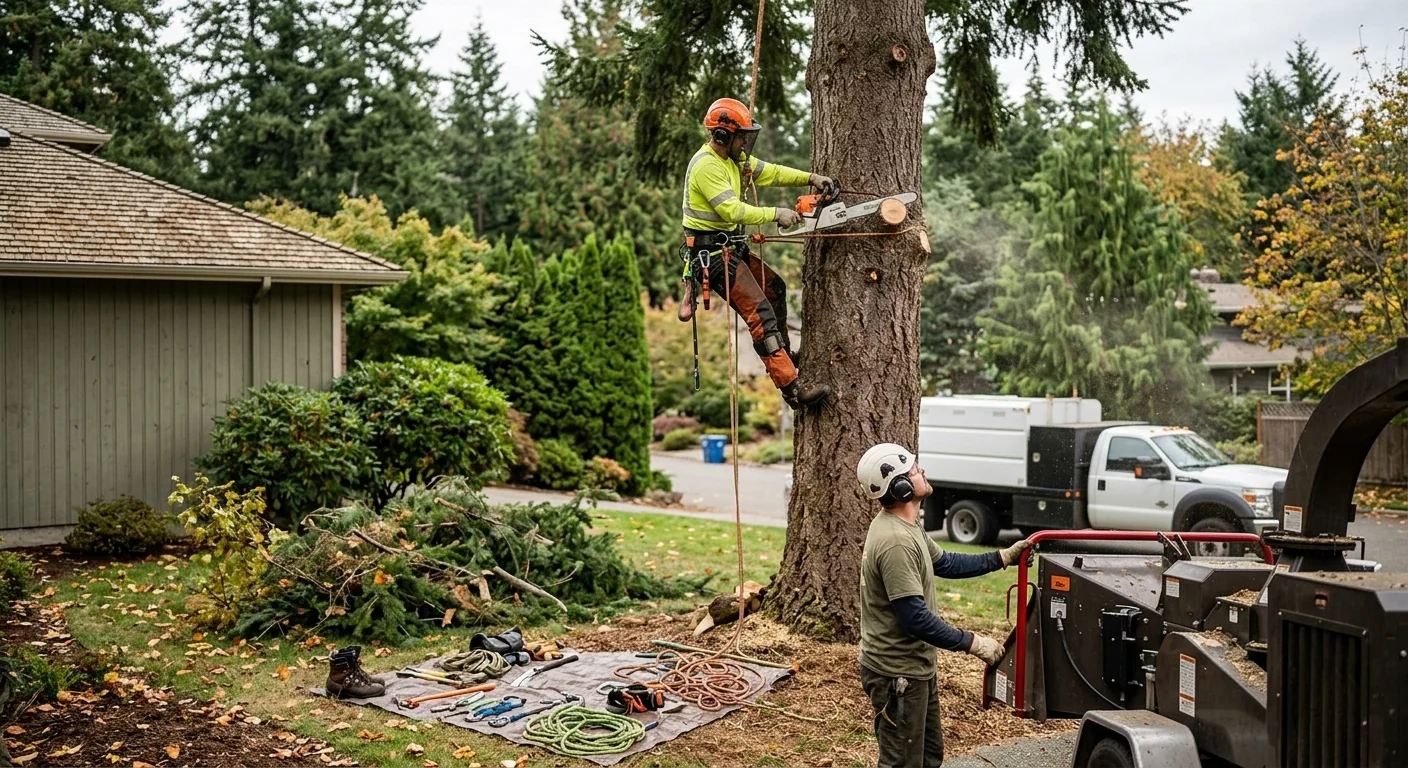 Crew clearing storm-damaged branches from a Sammamish residential yard after high winds