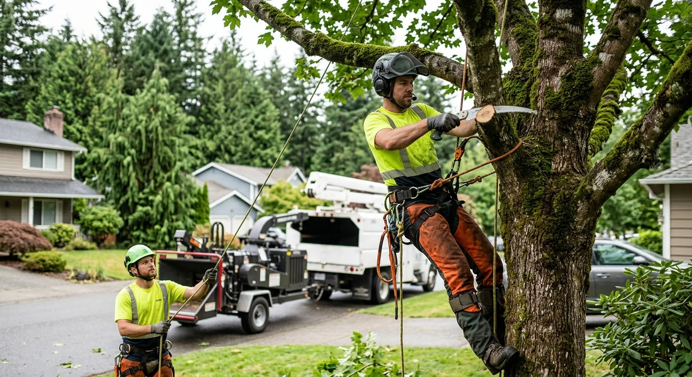 Crew clearing storm-fallen tree limbs from a Sammamish residential yard