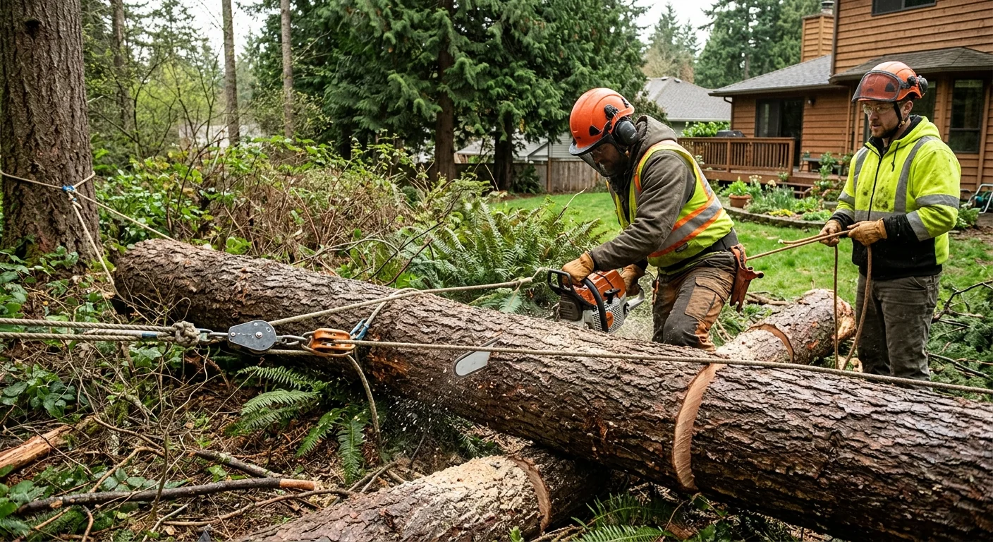 Fallen Douglas fir being sectioned with rigging lines in a Sammamish backyard