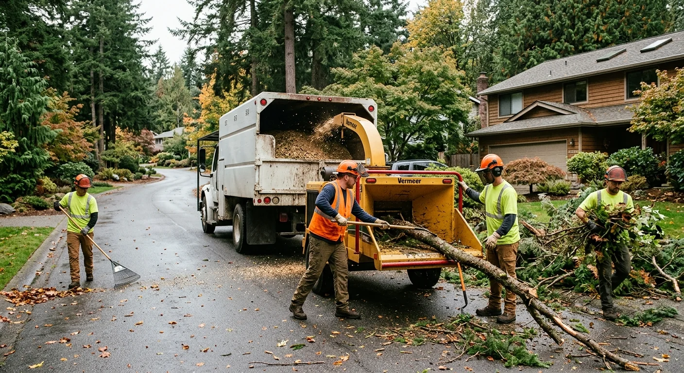 Crew chipping storm debris into a truck along a residential Sammamish street