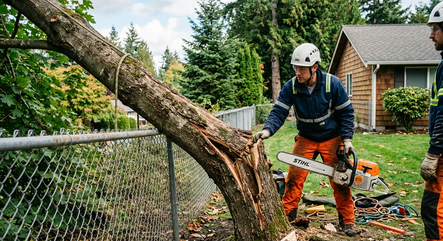 Split maple trunk leaning over a fence before controlled removal begins