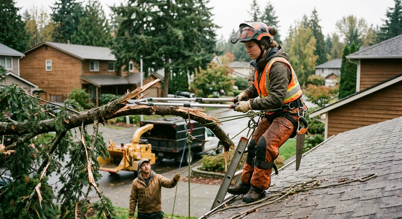 Technician assessing wind-damaged limbs above a rooftop after a Sammamish storm