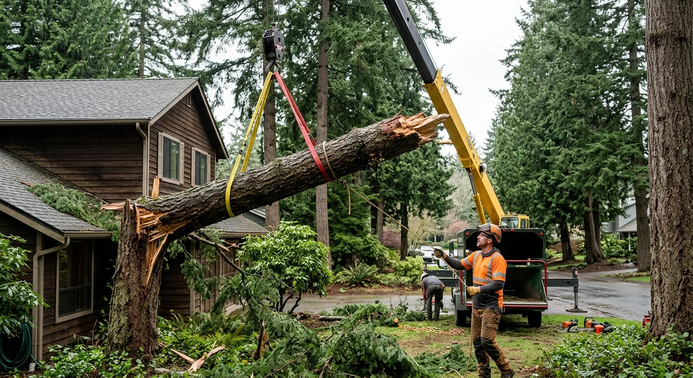 Crane lowering a large broken limb away from a home during cleanup