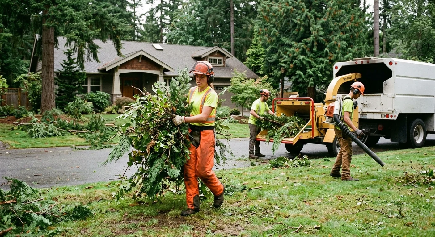Ground crew hauling brush and branches from a property following heavy winds