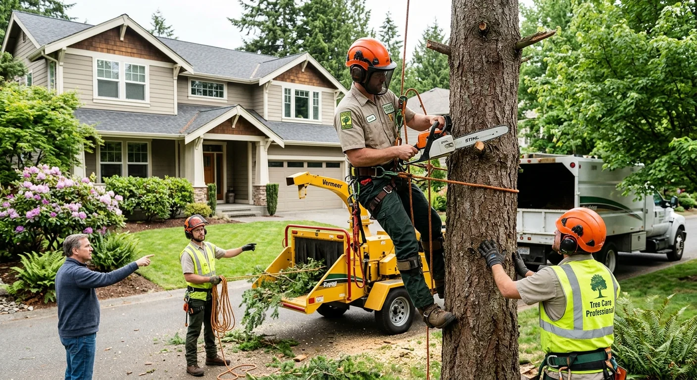 Technician inspecting a wind-damaged tree with rigging gear on a Sammamish property