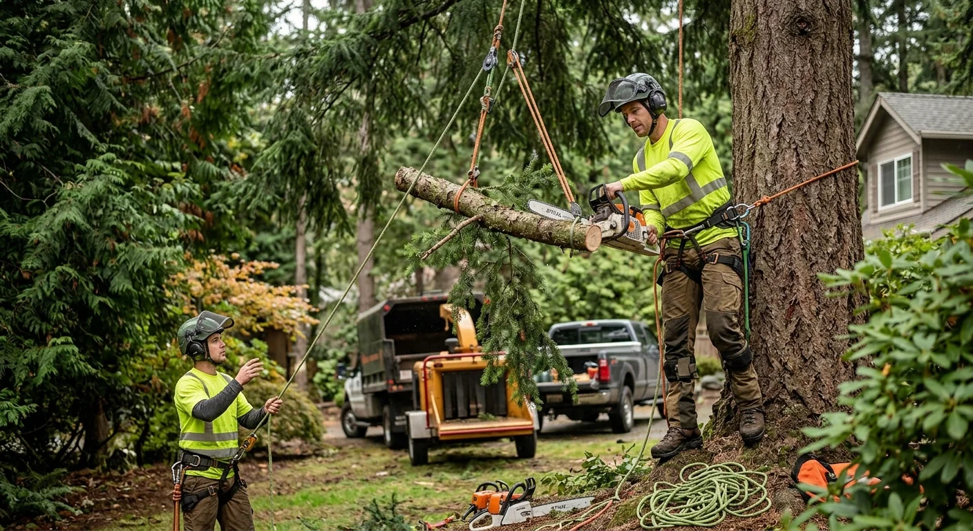 Technician operating a stump grinder in a Sammamish residential backyard