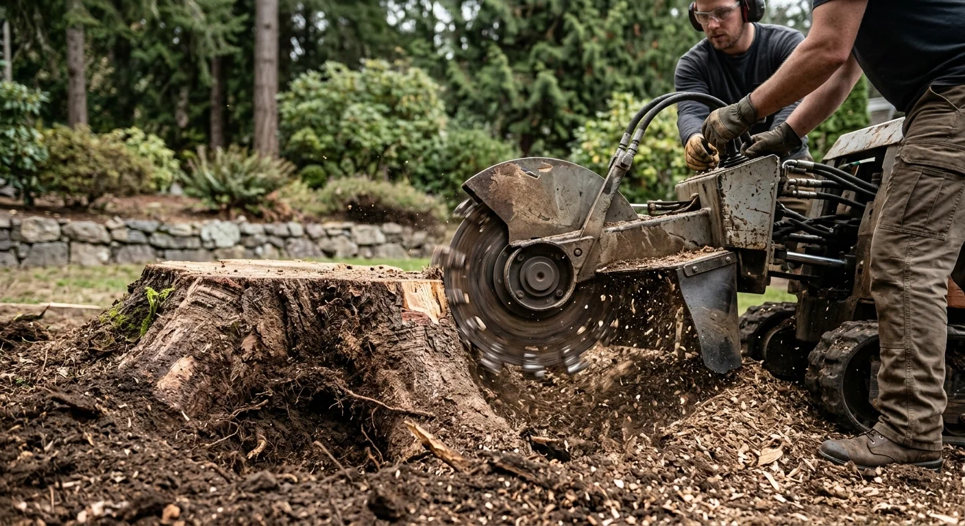 Close-up of stump grinder teeth reducing an oak stump below grade