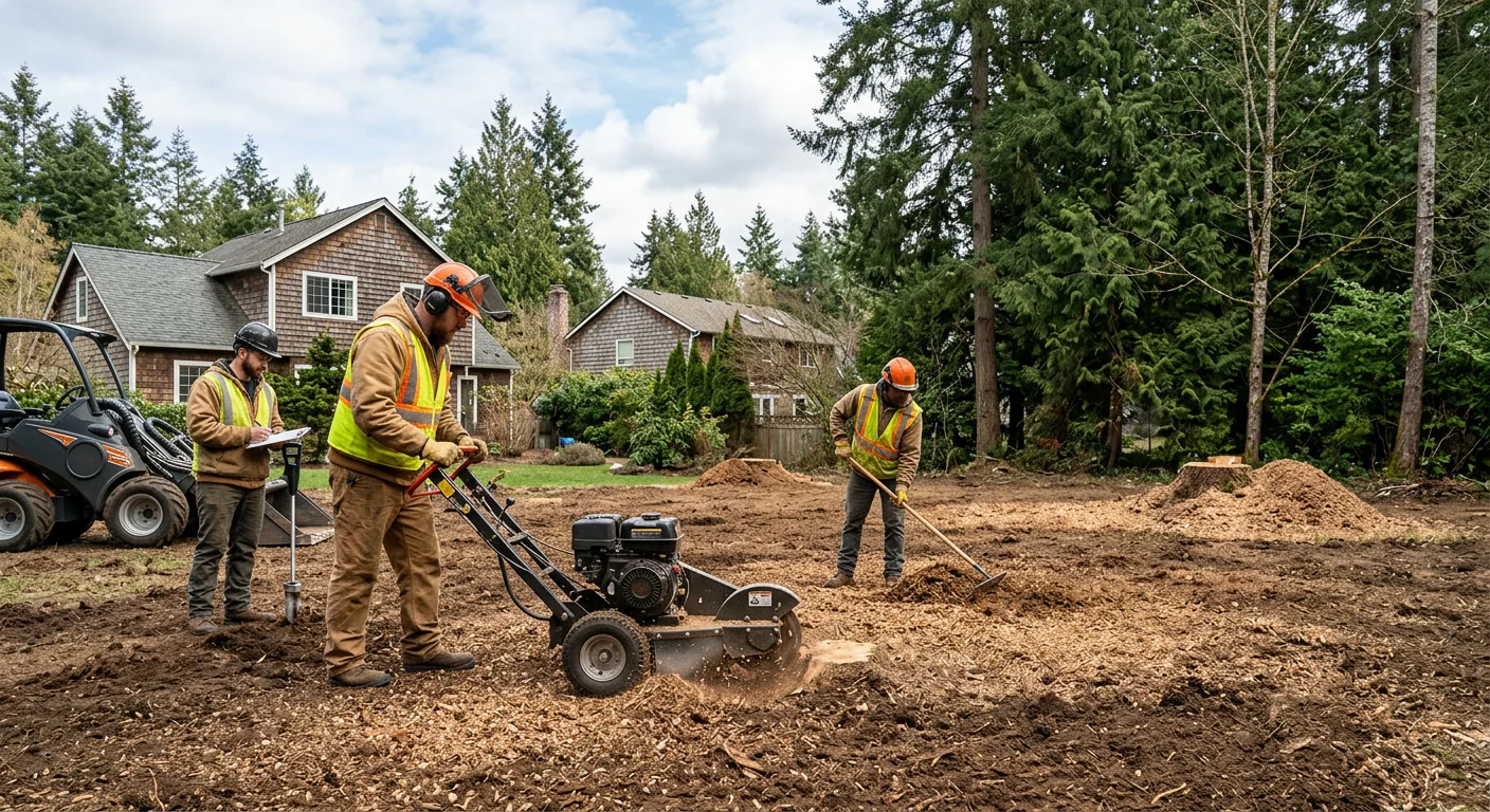 Wide shot of a backyard cleared of stumps on a Sammamish property